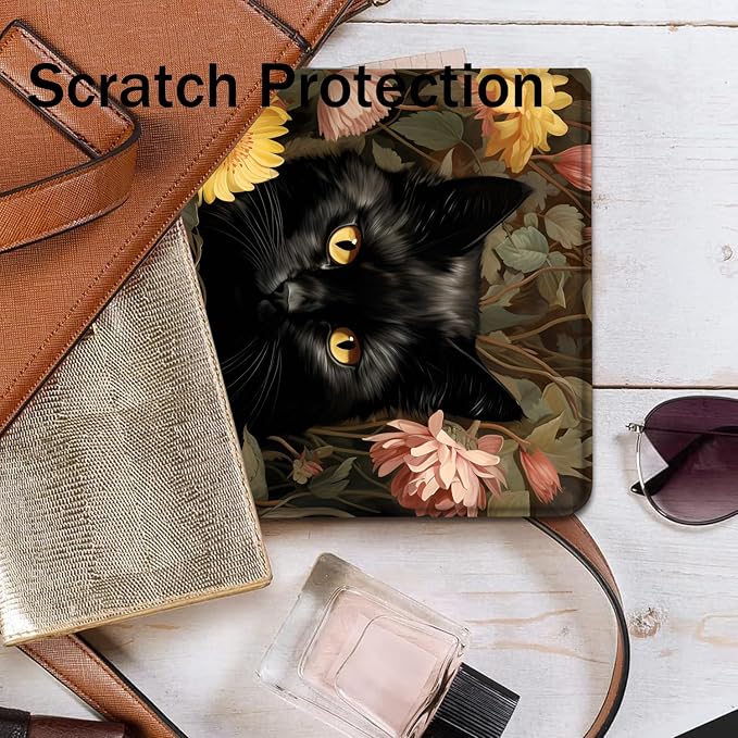Gold Floral Black Cat