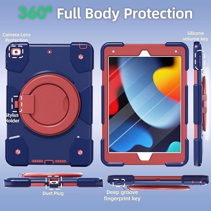 Case for iPad 9th/8th/7th Generation 10.2 inch Shockproof Cover with Screen Protector/360° Rotate Stand/Pencil Holder/Shoulder Strap Kids Case for iPad 2021/2020/2019 (Navy+Red)