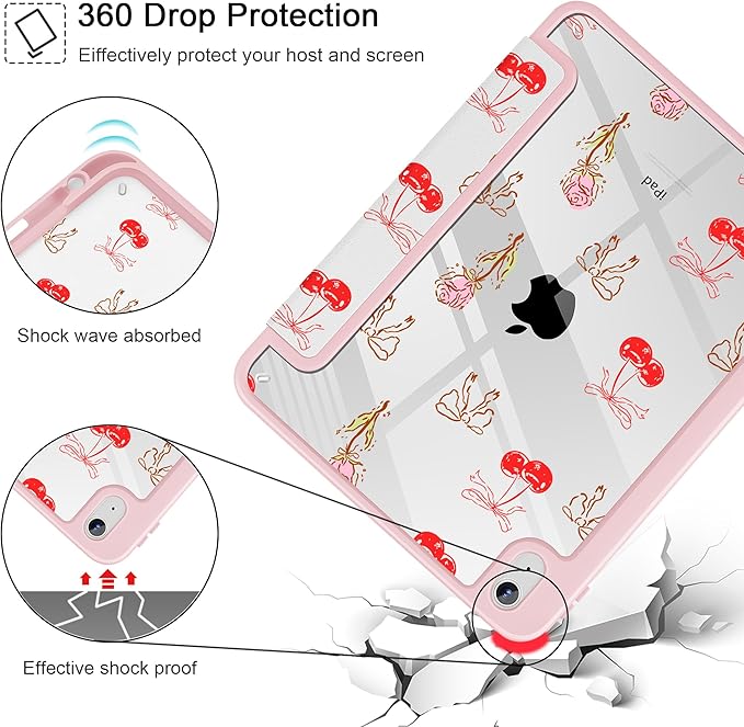 Case for iPad 11 inch A16 2025 Generation 11th / iPad 10.9 inch 2022 10th Gen Buit in Pencil Holder with Shockproof Cover Clear Transparent Back Shell Auto Wake/Sleep Cherry Bow