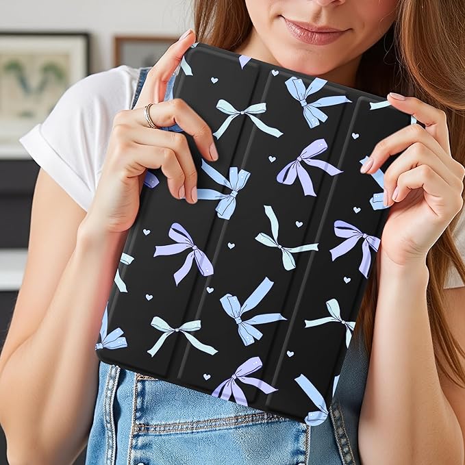 Idocolors Case for iPad 11 inch (A16 Chip) 2025 Generation 11th / iPad 10.9 inch 2022 10th Gen Built-in Pencil Holder with Soft TPU Shockproof Back Shell Auto Wake/Sleep Blue Bow-Black
