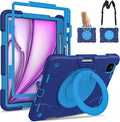 Case for iPad Air 11 inch Case M3 2025/ M2 2024 (Air 7th/6th Generation) Heavy Duty Shockproof Cover with Screen Protector 360° Rotating Stand Pencil Holder Shoulder Strap (Navy+Blue)
