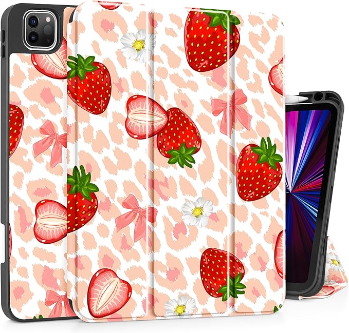 May Chen Case for iPad Pro 11 inch (4th 3rd 2nd &amp 1st Gen) 2022 2021 2020 2018Trifold Stand with Auto Wake/Sleep Soft TPU Protective Stand Back Cover Leopard Print Strawberry