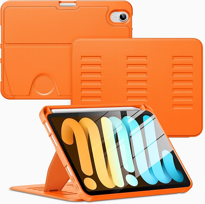 VIKESI Case for iPad iPad mini 7 (A17 Pro) and iPad mini 6Multiple Angles Magnetic Stand CoverShockproof Soft BackPencil Holderand Auto Sleep/WakeOrange