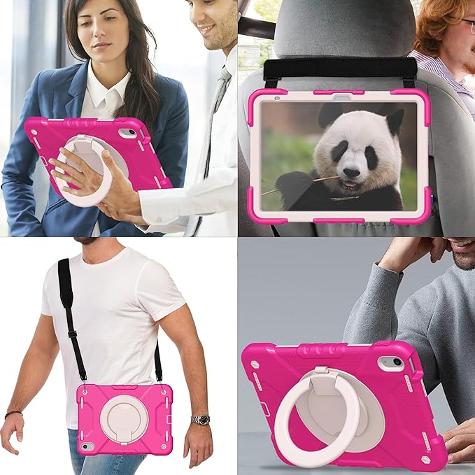 Case for iPad (A16) 11th Generation 11 inch 2025/10th Generation 10.9 inch 2022 Shockproof Cover with Screen Protector/360° Rotate Handle/Bracket/Pen Holder/Shoulder Strap (Rose Red+White)