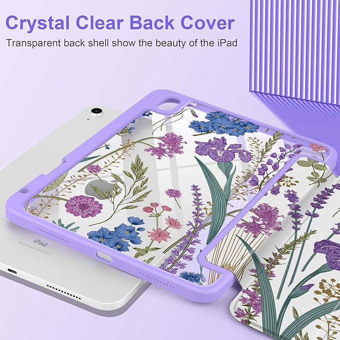 DONGKE Case for iPad (A16) 11th Generation 11 inch 2025 &amp iPad 10th Gen 10.9 inch 2022 [Built-in Pencil Holder] Clear Acrylic Back Trifold Stand Smart Cover Auto Sleep/Wake Purple Wildflower