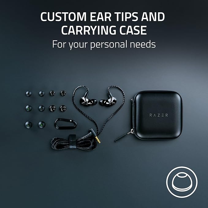 Razer Moray in-Ear Monitor for All-Day Streaming: Clear Full-Range Audio - Comfortable Fit - Low Profile Design - Sound Isolating Earbuds - Detachable Over-Ear Wire - Custom Ear Tips &amp Case - Bla
