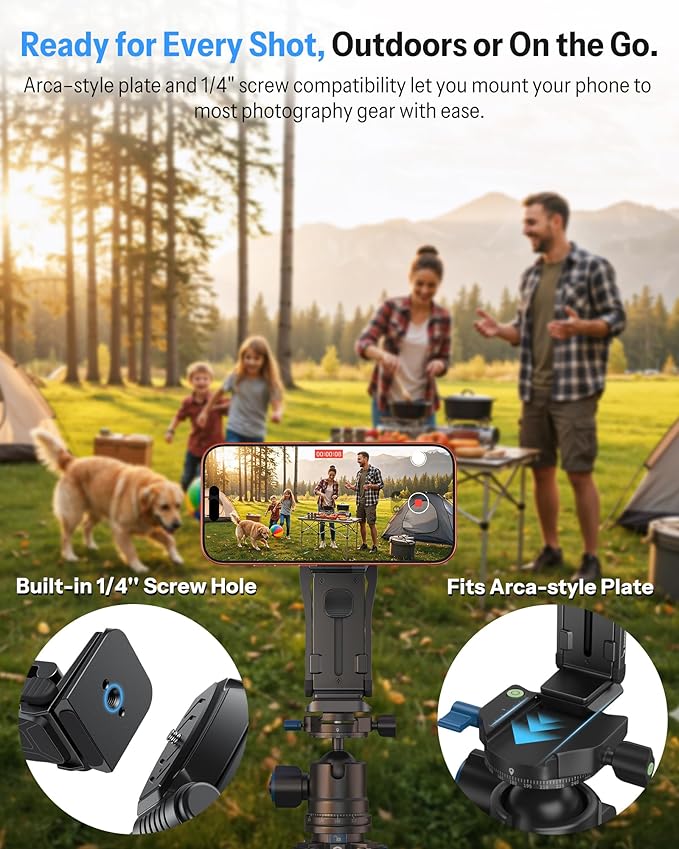 OMOTON TP02-Pro Magnetic Phone Holder for Vlogging Content Creator Essentials with 1/4 Screw Arca Strong Back Magnet for Gym Adjustable Phone Stand &amp Selfie Stick for iPhone 12-17 Series Bla