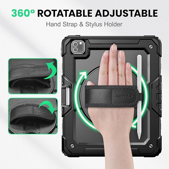 SEYMAC Case for iPad Pro 12.9 2022/2021/ 2020/2018 Heavy Duty Protection Shockproof Case with Screen Protector 360° Rotating Stand/Handle/Shoulder Strap Supports Pencil 2 Charging Black