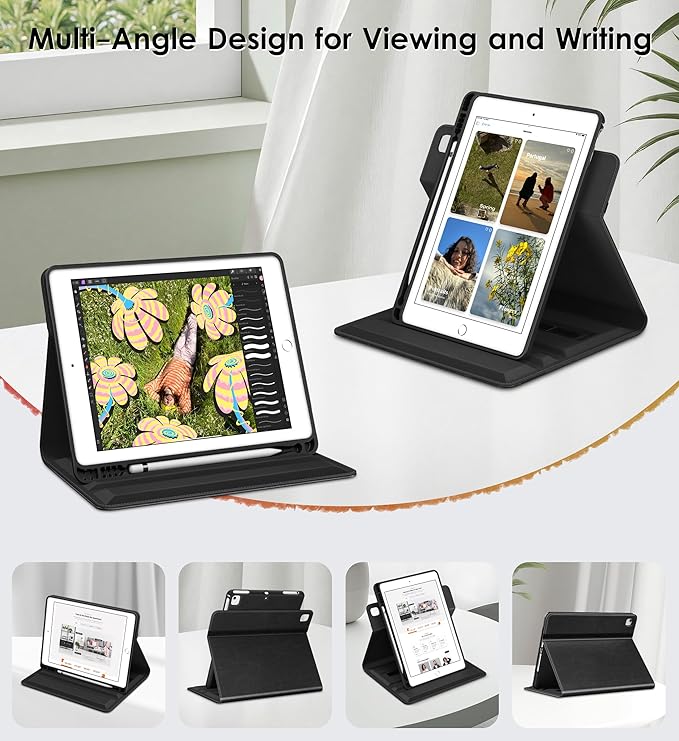 DTTO for iPad 6th / 5th Generation 9.7 Inch (2018/2017) iPad Air 2 / Air 1 Case 360 Degree Rotating Premium Leather Folio Stand Cover with Pencil Holder Black