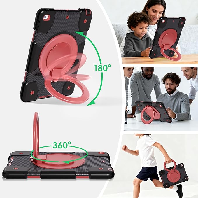 Case for iPad 9th/8th/7th Generation 10.2 inch Shockproof Cover with Screen Protector/360° Rotate Stand/Pencil Holder/Shoulder Strap Kids Case for iPad 2021/2020/2019 (Black+Red)