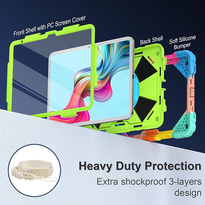 Case for iPad (A16) 11th Generation 11 Inch (2025) iPad 10th Generation Case 10.9 Inch (2022) Shockproof Cover with 360° Rotating Stand Screen Protector Pen Holder Shoulder Strap Green