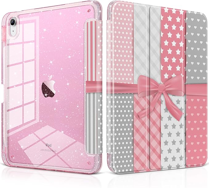 MEEgoodo Case for iPad A16 11th Generation 2025/10th Generation 2022 Glitter Tablet Cases with Transparent Acrylic Back+Trifold Stand +Pencil Holder+Auto Wake/SleepMixed-Style Pink Bow