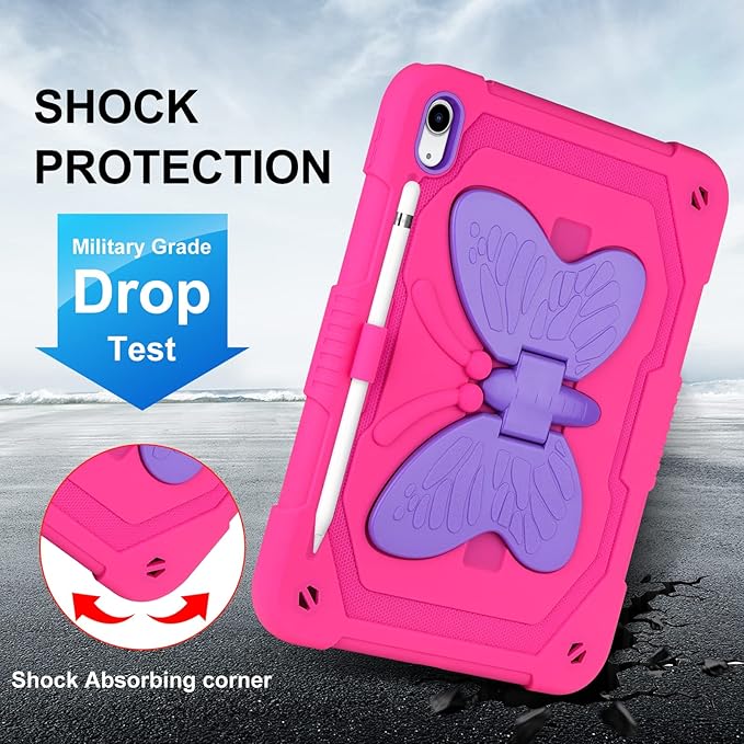 VOFUOE for iPad 10th Generation Case for Kids Girls 2022 10.9 for iPad A16 Case 11th Generation 2025 with Screen Protector Shoulder Strap Butterfly Wings Stand Pencil Holder Rugged Cover-Rose Red