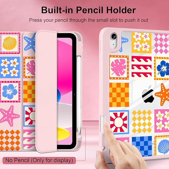 Case for iPad A16 11th Generation 11 inch 2025 iPad 10th Generation 10.9 inch 2022 -[Built-in Pencil Holder] Shockproof Clear Hard Back Trifold Stand Auto Wake/Sleep Beach Fun