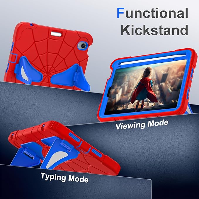 Kids Case for iPad mini 7 A17 Pro 2024/ Mini 6 8.3 inch Spider Case for iPad mini 7th 6th Generation Shockproof Durable Full Protective Cover with Pencil Holder Kickstand (Red+Blue)