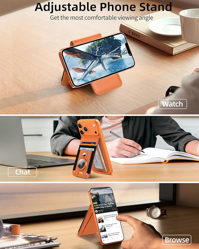 ExtreLife For Magsafe Wallet Stand with Airtag Holder Strongest Magnetic Wallet for iPhone 17/16/15/14/13/12 Series ID Window 4 Card Slots 10 Cards Holder Vegan Leather RFID Blocking Orange