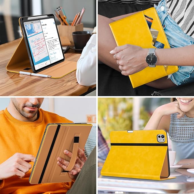 DTTO for iPad Pro 13 inch Case (M5/M4) 2025/2024 Premium Leather Business Folio Stand Cover with Pencil Holder - Auto Wake/Sleep &amp Multiple Viewing Angles Built in Hand Strap &amp Pocket Yello