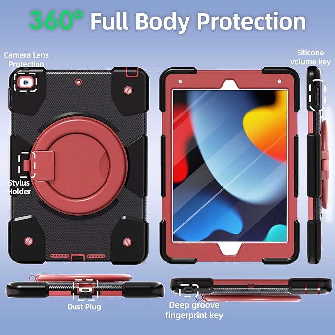 Case for iPad 9th/8th/7th Generation 10.2 inch Shockproof Cover with Screen Protector/360° Rotate Stand/Pencil Holder/Shoulder Strap Kids Case for iPad 2021/2020/2019 (Black+Red)