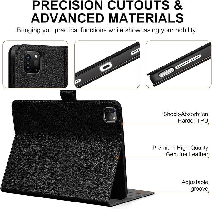 Genuine Leather Case for iPad Pro 11 Inch 4th/3rd/2nd/1st Generation 2022/2021/2020/2018 | with Pencil Holder and Adjustable Stand Magnetic Closure Auto Wake/Sleep Cover | Black