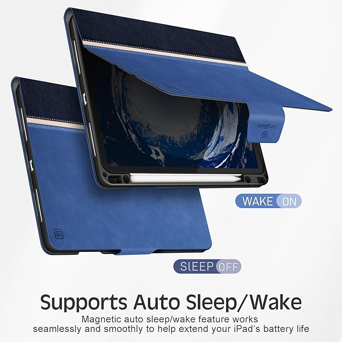 KingBlanc Case for iPad Pro 12.9 6th/5th/4th/3rd Generation 2022/2021/2020/2018 with Pencil Holder Vegan Leather Bicolor Cover Auto Sleep/Wake Support Pencil2 Charging Navy Blue × Royal Blue