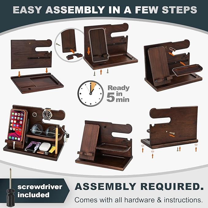 TESLYAR Wood Phone Docking Station for Men - Desk or Nightstand Organizer - Birthday Gifts for Husband Dad - Anniversary Idea from Wife - Key Holder Stand Wallet Watch Essentials (Chocolate Brown)