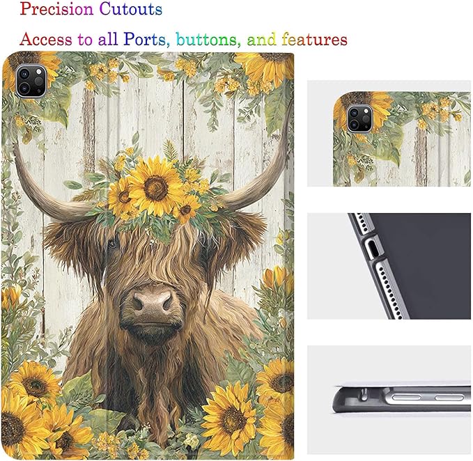 Case for Samsung Galaxy Tab A11/A9 8.7-Inch 2025/2023Adjustable Stand Auto Wake/Sleep Function Full Body Protection Cover - Highland Cow Sunflower