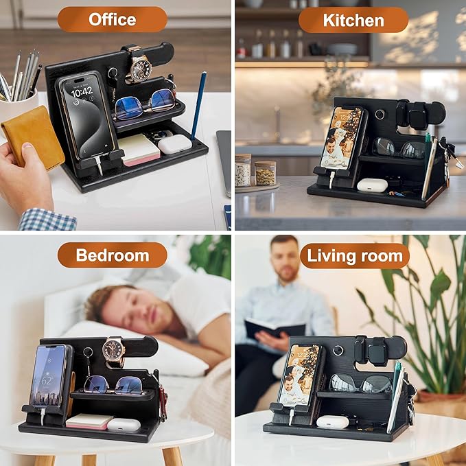 TESLYAR Wood Phone Docking Station for Men - Desk or Nightstand Organizer - Birthday Gifts for Husband Dad - Anniversary Idea from Wife - Key Holder Stand Wallet Watch &amp Essentials (Granite Bla