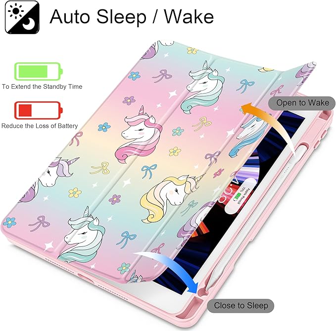 for iPad 9th Generation with Pencil Holder iPad 8th/7th Gen Case 10.2-inch [Built in Pencil Holder] Trifold Stand Auto Wake/Sleep Clear TPU Protection Back Cover Rainbow Unicorn