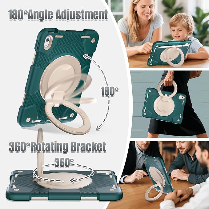Case for iPad (A16) 11th /10th Generation 11/10.9 Inch 2025/2022 with Screen Protector/360° Rotate Stand/Shoulder Strap/Pencil Holder Shockproof iPad 11th/10th Gen Cover (Green+White)