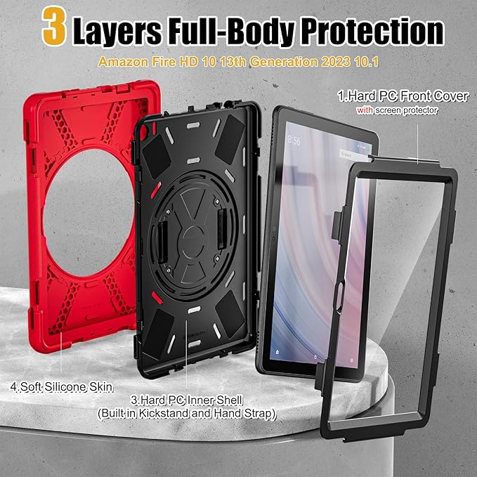 BRAECNstock for Amazon Fire HD 10 Tablet Case 13th Gen 2023 10.1 Shockproof Rugged Kindle Fire HD 10 Kids Tablet Cover with Screen Protector Rotating Hand Strap+Stand Shoulder Strap Pen Holder - Red