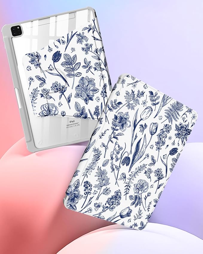 Kidcube for iPad Air 13 Inch Case M3 2025/M2 2024 for iPad Pro 12.9 Cases (2022/2021/2020/2018) - Women Girls Cute Folio Cover with Pencil Holder Kawaii Girly Blue Floral Flower Design Rotating Stand
