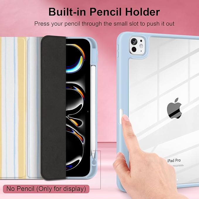 Case for iPad Pro 11 Inch (M5 2025 M4 2024) – [Built-in Pencil Holder] Shockproof &amp Stylish Clear Hard Back + Soft TPU Edge Magnetic Trifold Stand Auto Wake/Sleep Watercolor Stripes