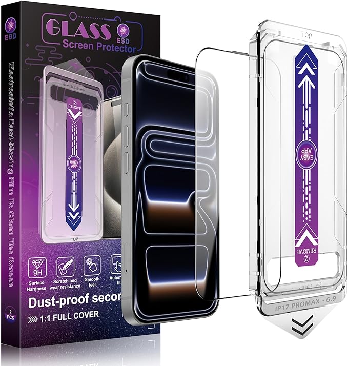Screen Protector for iPhone 17 Pro Max 6.9-Inch 2 Pack 9H Tempered Glass HD Clear Full Cover Anti-Fingerprint Easy Installation