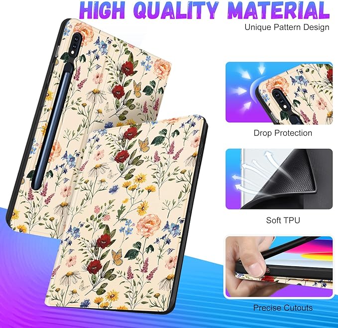 for Samsung Galaxy Tab S9 Plus Case 12.4 Inch 2023 Women Girls Cute Folio Cover with Pencil Holder Kawaii Design Girly Flower Floral Pretty Unique Tablet Case