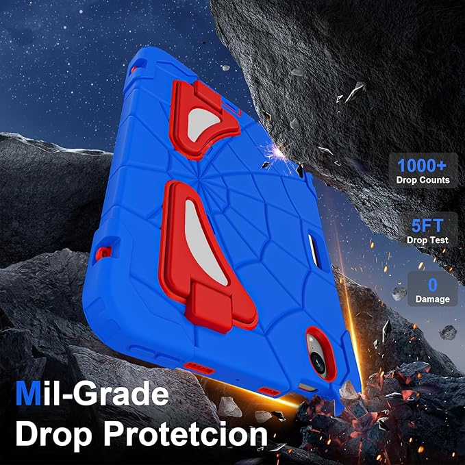 Kids Case for iPad mini 7 A17 Pro 2024/ Mini 6 8.3 inch Spider Case for iPad mini 7th 6th Generation Shockproof Durable Full Protective Cover with Pencil Holder Kickstand (Blue+Red)