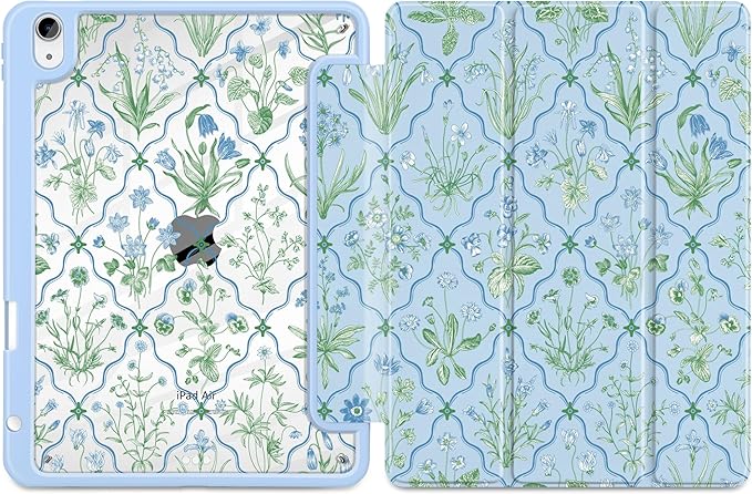 DONGKE Case for iPad Air 11-inch M4 2026 &amp M3 2025 &amp M2 2024 iPad Air 5th/4th Generation 10.9 2022/2020 [Built-in Pencil Holder] Clear Acrylic Back Trifold Stand Smart Cover Lattice Floral