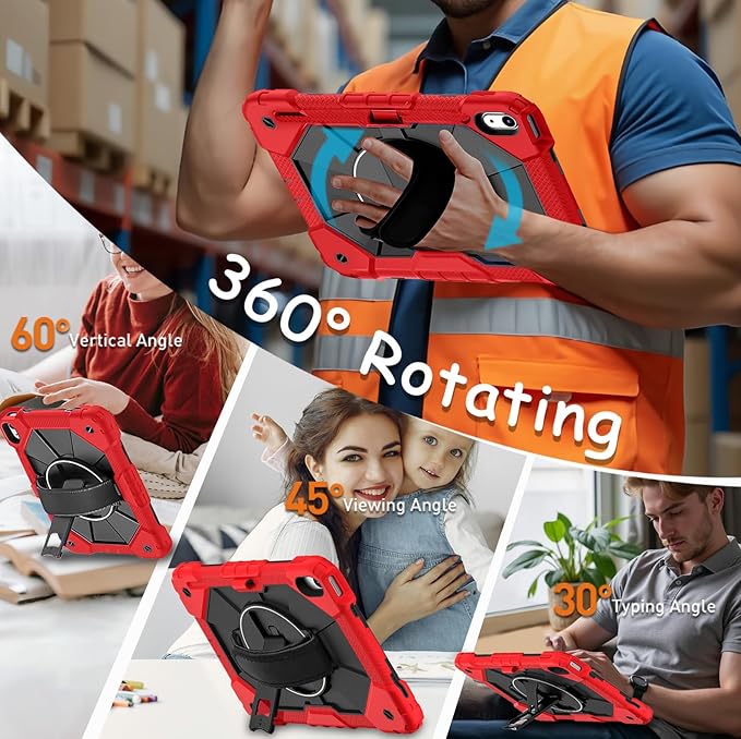 Weuiean Case for iPad A16 11th/10th Generation 11/10.9 Military-Grade Heavy-Duty Shockproof Cover with 360° Rotating Stand Built-in Pencil Holder &amp Adjustable Hand/Shoulder Strap - Red+Black