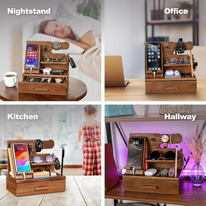 TESLYAR Wood Phone Docking Station with Drawer - Nightstand Organizer - Desk Organizer for Husband - Birthday Gifts for Men Dad Anniversary Idea Key Holder Stand Watch &amp Accessories (Desert Bei
