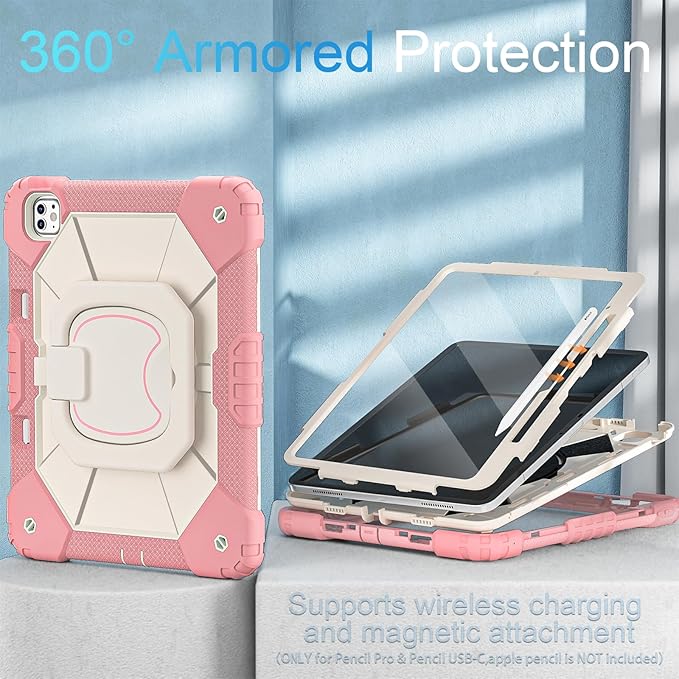 WESOROL for iPad Pro 13 Inch Case M5 2025/M4 2024 (7th Gen) with Screen Protector/360° Rotating Stand/Pencil Holder/Shoulder StrapMilitary Grade Shockproof iPad Case 13 Inch iPad Pro M5/M4Rose Gold