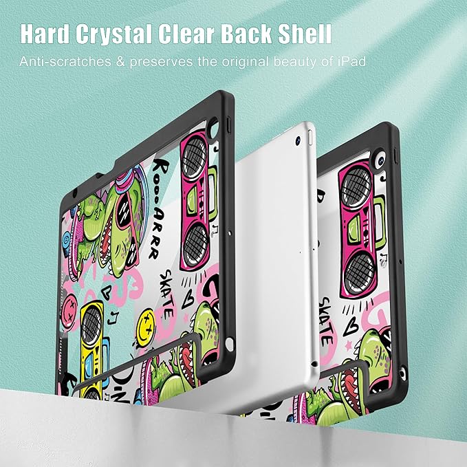 Mektron Printed Case for iPad 10.2 Inch 2021/2020/2019 for iPad 9th/8th/7th Generation Case Buit in Pencil Holder with Shockproof Cover Clear Shell + Trifold Stand + Auto Wake/Sleep Cool Dinosaur