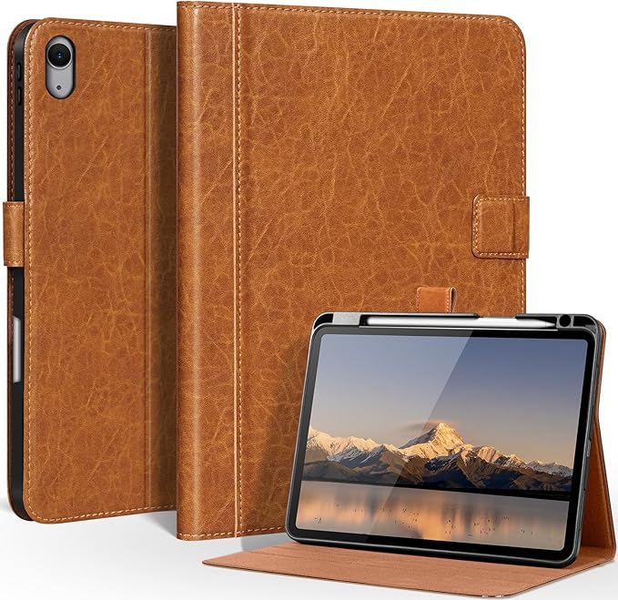 Leather Case for iPad A16 11th Gen 11 InchiPad 10th Gen. 10.9 Inch Premium Leather Folio Cover with Apple Pencil Holder Auto Wake/Sleep Adjustable Stand Magnetic ClosureLight Brown