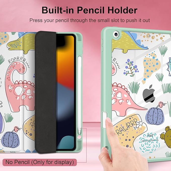 MEEgoodo Case for iPad 10.2 inchTablet Cases for iPad 9th Generation 2021/8th Gen 2020/7th Gen 2019 with Clear Acrylic Back Shell+Pencil Holder+Auto Wake/Sleep+Trifold Stand Funny Kids Dinosaurs