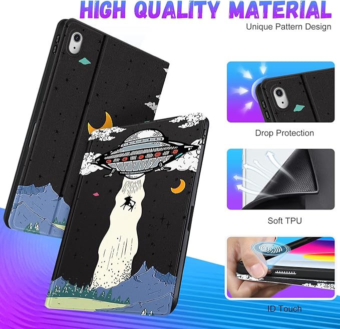 for iPad 10th Generation Case 10.9 Inch for iPad 11th(A16) 2025 Girls Cute Boys Kids Women Folio Cover with Pencil Holder UFO Cool Design Funny Fun Men Teens Tablet Cases for Apple 10/11