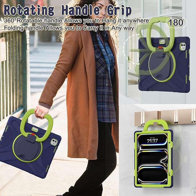 Batianda for New iPad Pro 13-inch Case 2025 M5 2024 M4 Chip Heavy Duty Rugged Durability Silicone Tablet Cover with 360° Rotating Ring Foldable Kickstand &amp Shoulder Strap Navy Green