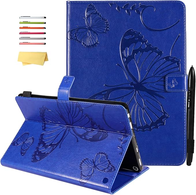 for Kindle Fire HD 10 &amp HD 10 Plus Case 13th/11th Generation 10.1 (2023/2021) Stand Embossed PU Leather Magnetic Wallet Cover with Pencil Holder/Pockets [Auto Wake/Sleep] Blue Butterfly