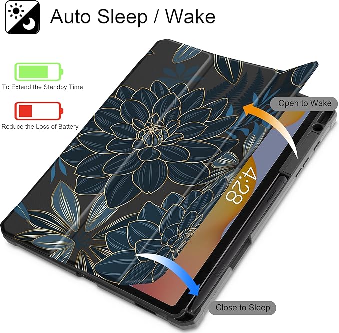 Tuiklol for Samsung Galaxy Tab S6 Lite 10.4 inch 2024 2022 2020Buit in S Pen Holder with Shockproof Protective Cover Clear Transparent Back Shell Auto Wake/Sleep Black Flower
