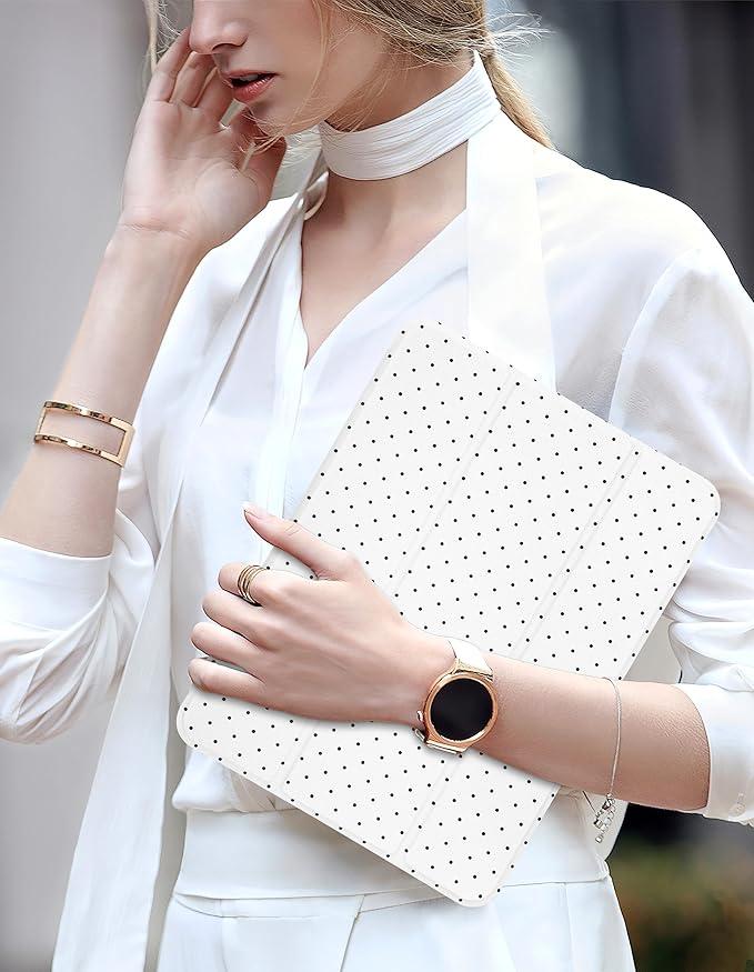 Compatible with iPad Pro 11 Inch (M5) 2025 /(M4) 2024 Case with Pencil Holder Cute Polka Dots Aesthetic Design Soft TPU Trifold Stand Protective White