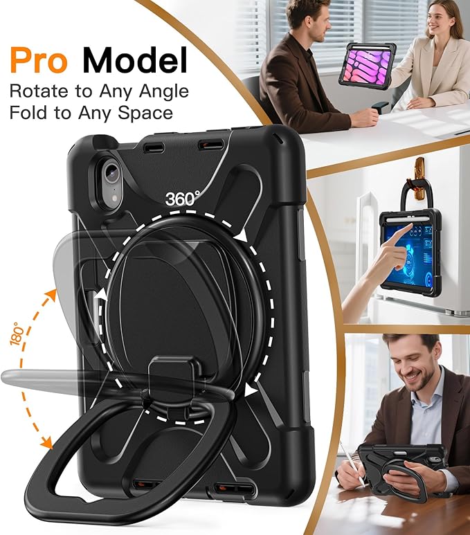 BATYUE Case for iPad mini 7 A17 Pro 2024/iPad Mini 6 2021 8.3 Inch with Pencil Holder 360 Rotating Stand Shoulder Strap Handle Grip Shockproof Rugged Case for iPad mini 7th/6th Gen Black