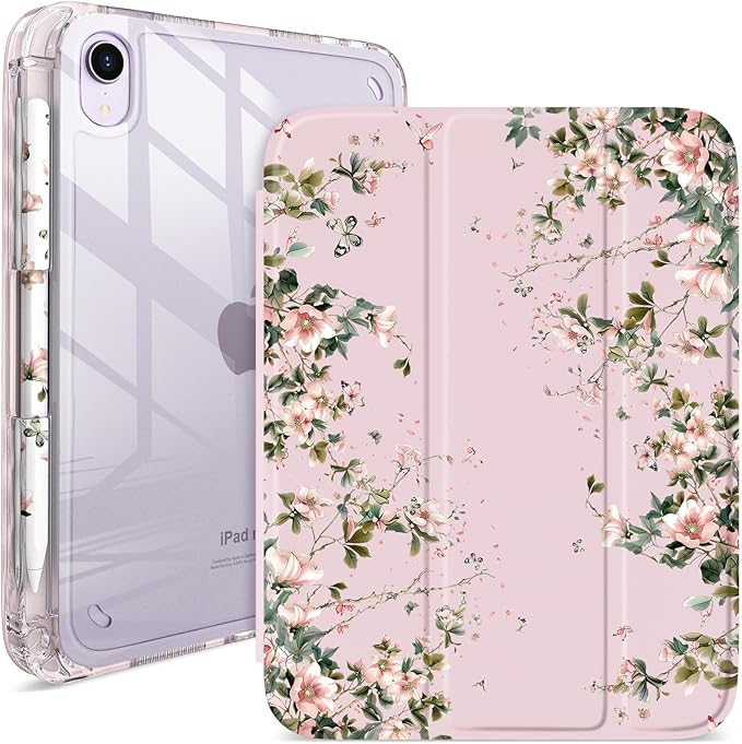 Cherry Tree iPad mini 6/7 Case (8.3) with Pencil Holder –Japanese Style Hot Pink Acrylic Cover withTri-Fold Stand Auto Wake/Sleep Fits A2567/A2568/A2569 &amp A17 Pro (Flower Blossoms) for Girls
