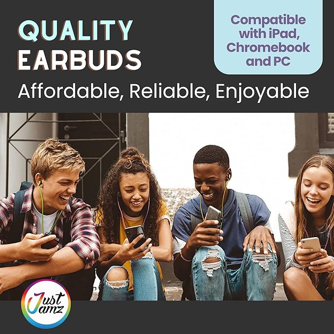 JustJamz Bulk Earbuds 100 Pack | Basic Ear Bud Black Dot in-Ear Earphones Disposable Headphones Class Headphones Set for Students Earphones for Class Kids Classroom Library Wired Earbuds